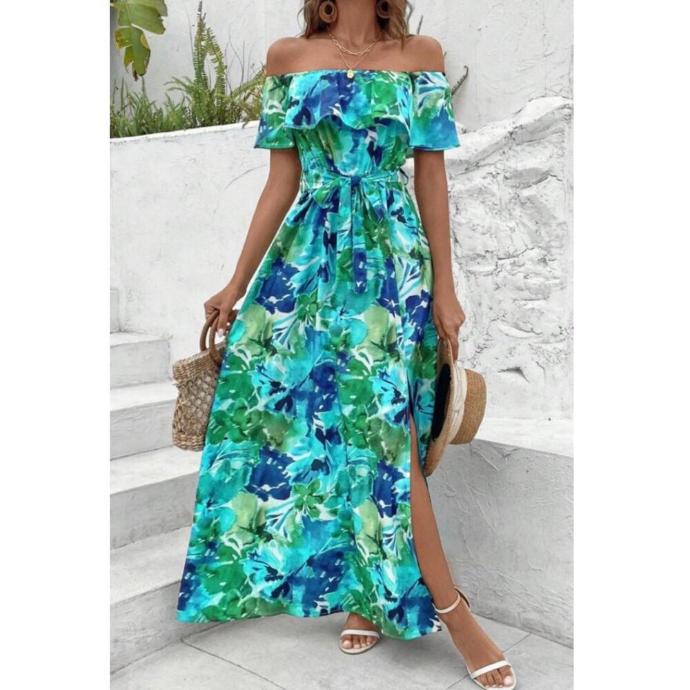 Off The Shoulder Tropical Print Maxi Dress NIB